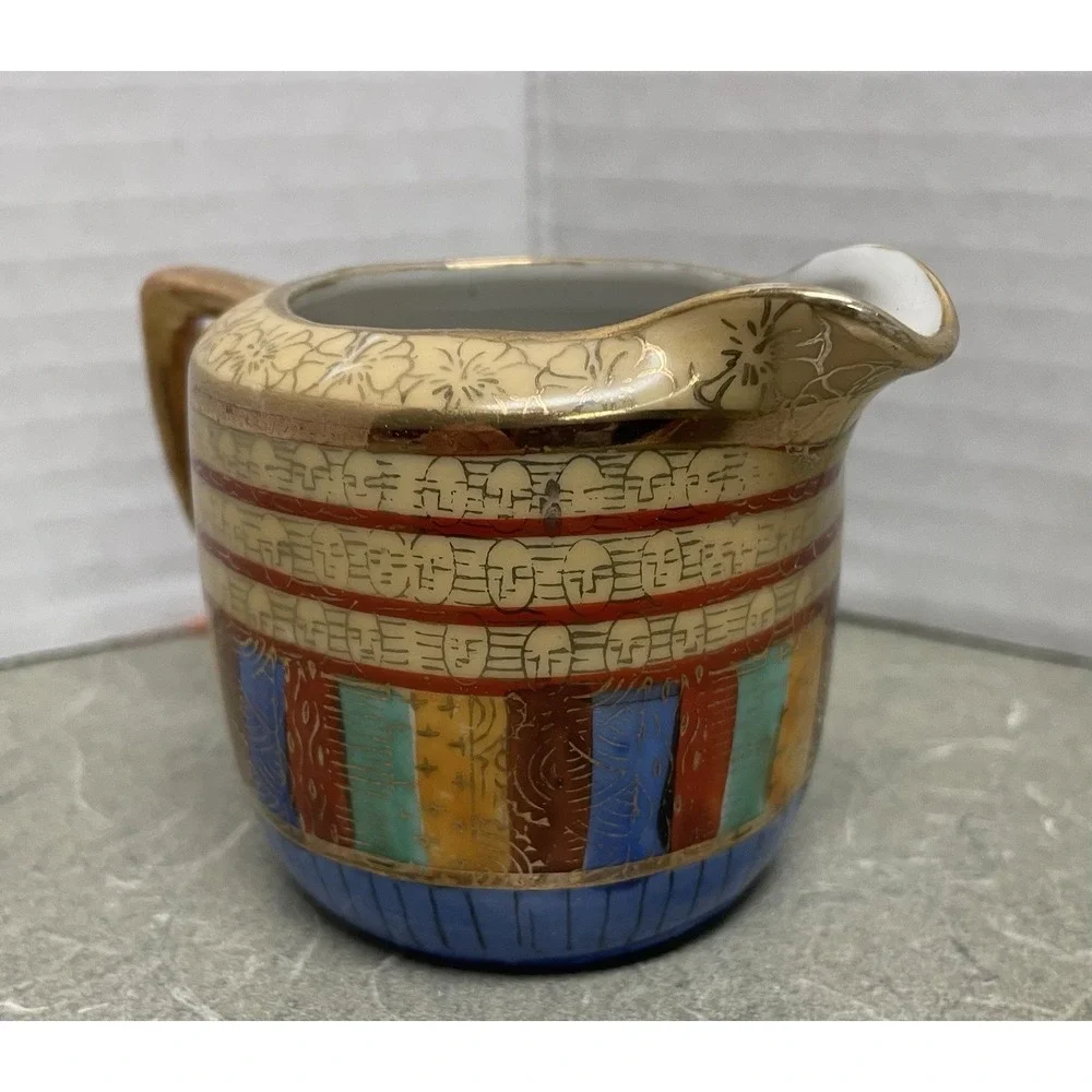 Vtg Chikaramachi Japanese Thousand Faces Gold Trim Hand Painted‎ Creamer 2 1/4